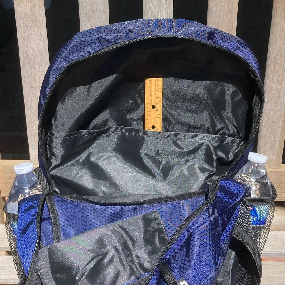 Reflective Blue Backpack Black Trim Side Pockets New